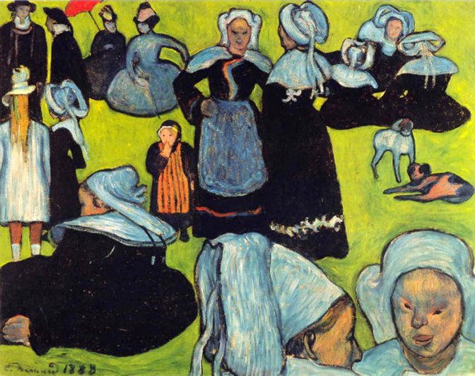 Larger view of Paul Gauguin: Breton Women in Green Garden - 1888